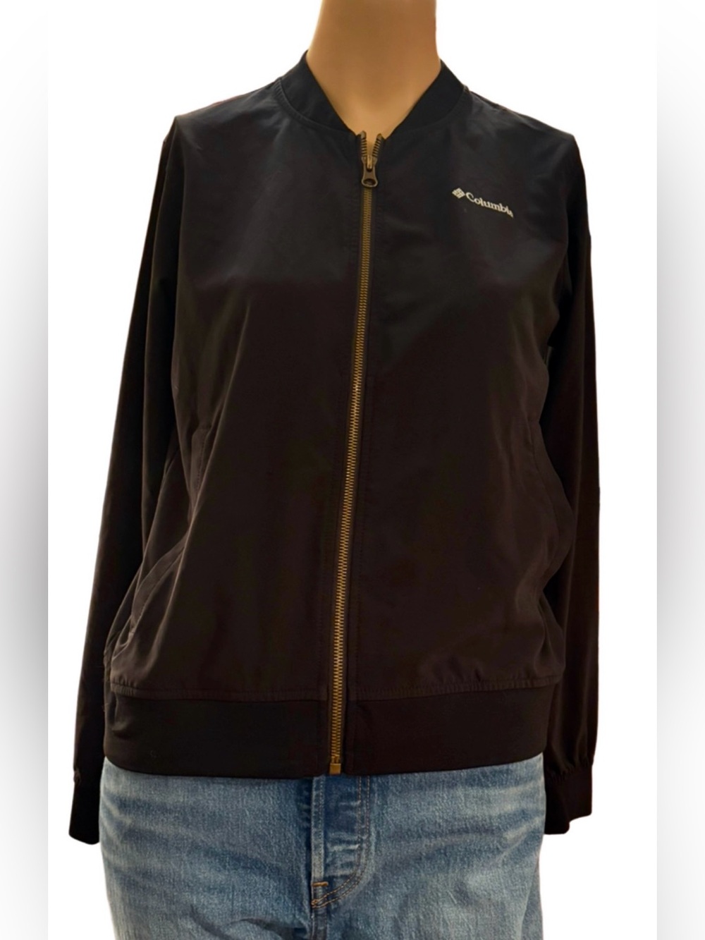 Columbia Stretch Bomber Jacket Black Lightweight Zip Front Small NWOT